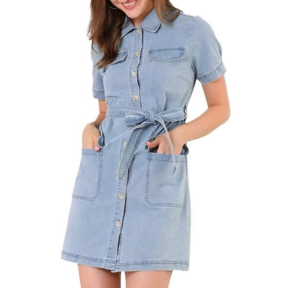 NEW Denim Light Blue Belted Shirtdress Western Cowgirl Chambray Jean Dress Large - Picture 3 of 16